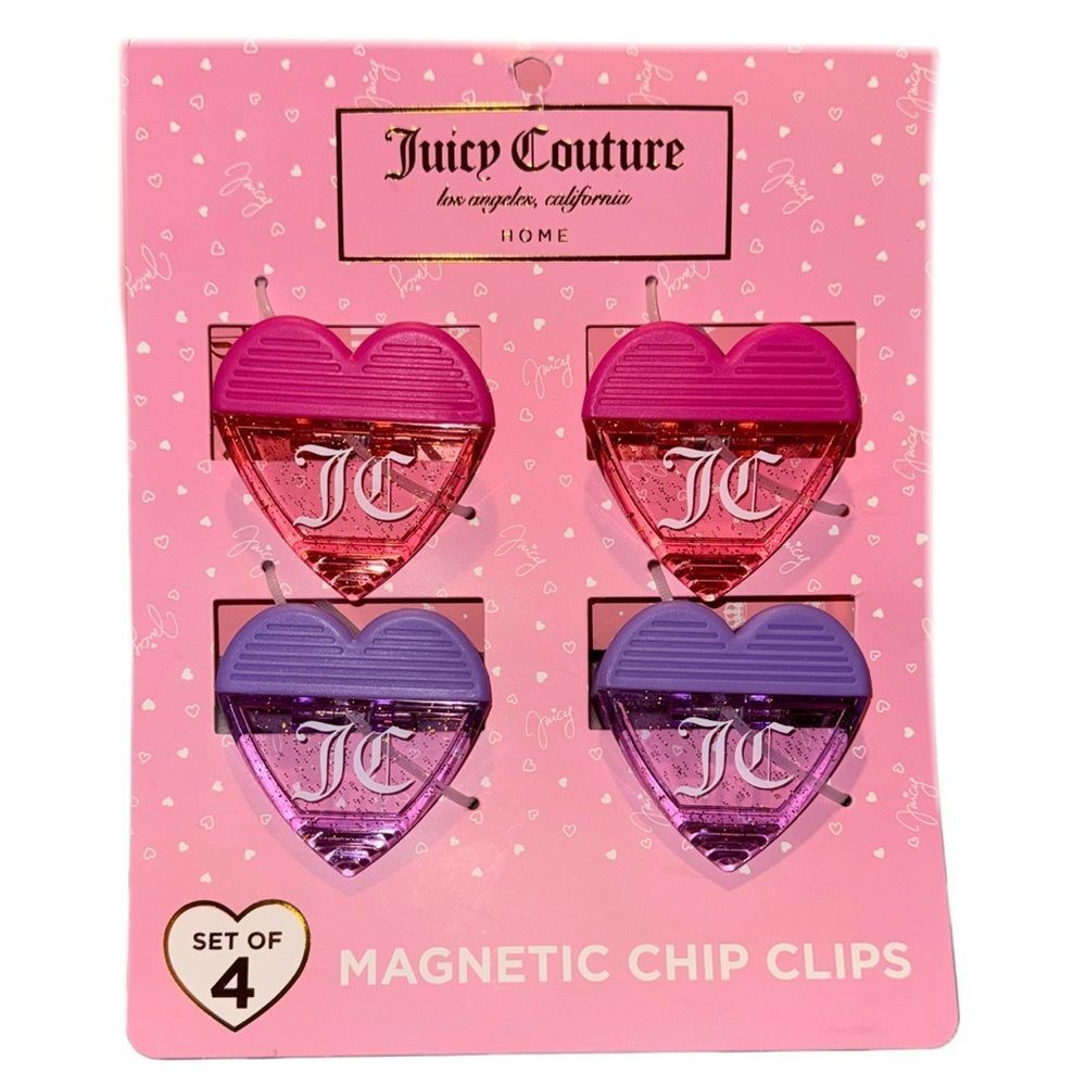 Juicy Couture Home Set of 4 Pink & Purple Heart Shaped Magnetic Chip Bag Clips